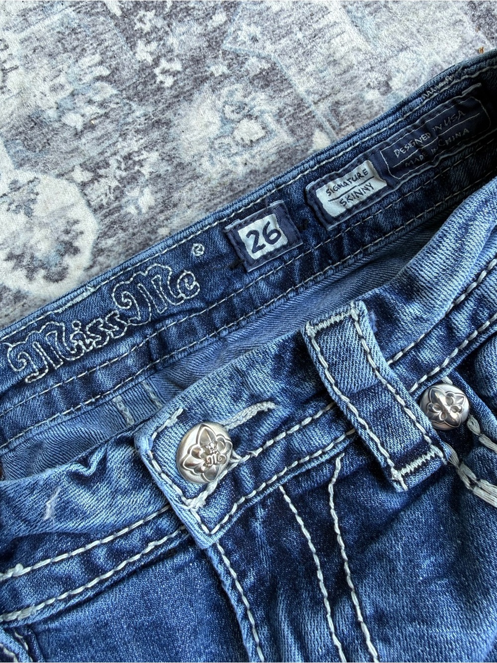Miss Me Blue Distressed Boyfriend Denim Shorts with Embellished Pockets - Picture 3 of 3